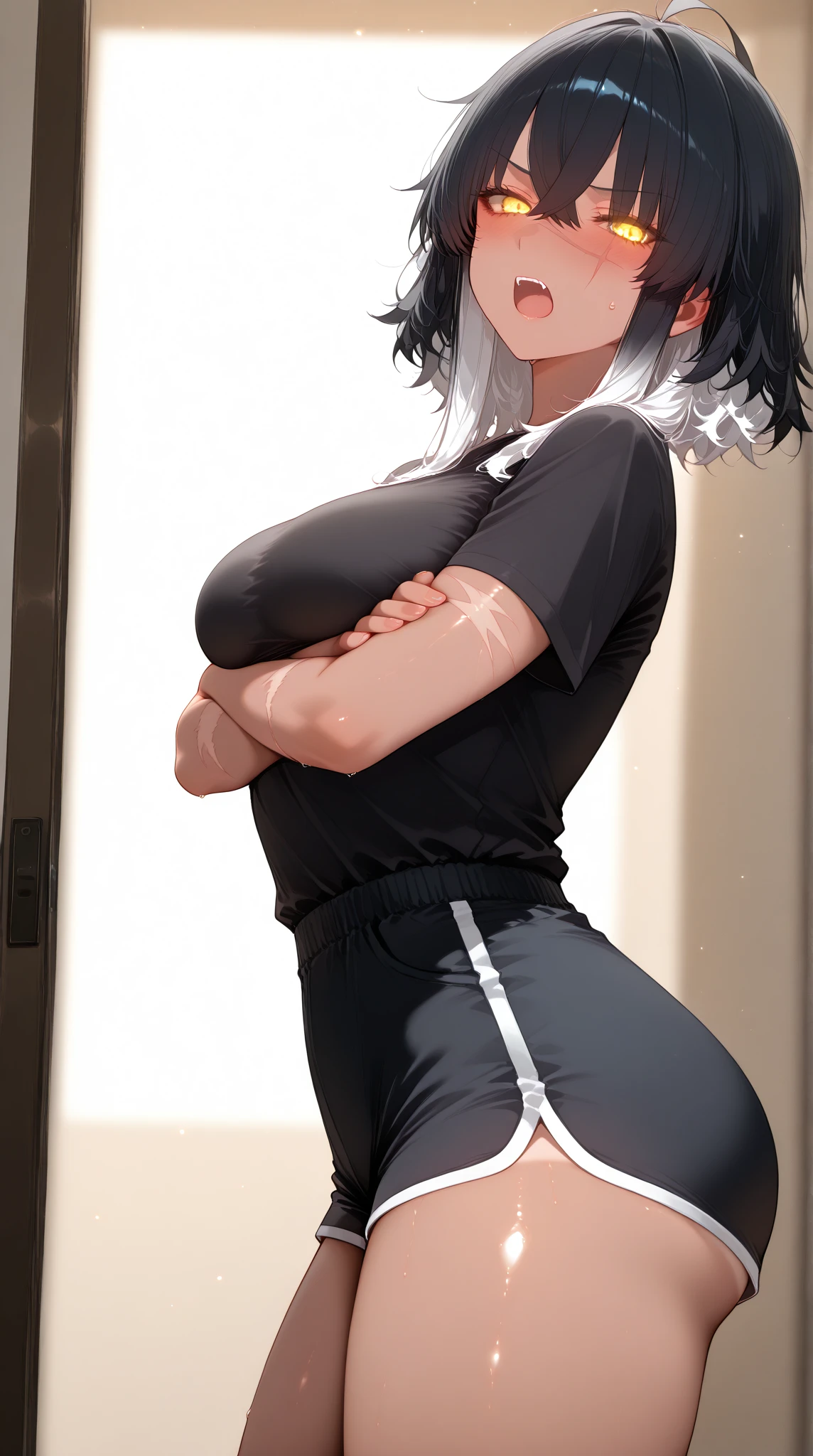 High tail hairstyle,  ponytail hairstyle, Ponytail hairstyle,white hair, Long wavy black hair, standing posando, anime girl style, pixel art anime style,penetrating look with deep eyes,red and purple eyes, hair with a ponytail hairstyle trapped with a big red bun, women, red hair clips, x color shaped hair clips , smiling face blush, next to his bed, Black hair, thighs grandes, NSFW, from below, neckline, looking at the viewer, lascivious smile, ((oversized t-shirt)), off the shoulders, without pants, washing machines, thighs, ((White T-shirt)), standing, hands on the hips,Hair down to the back, thighs grande, big ass  