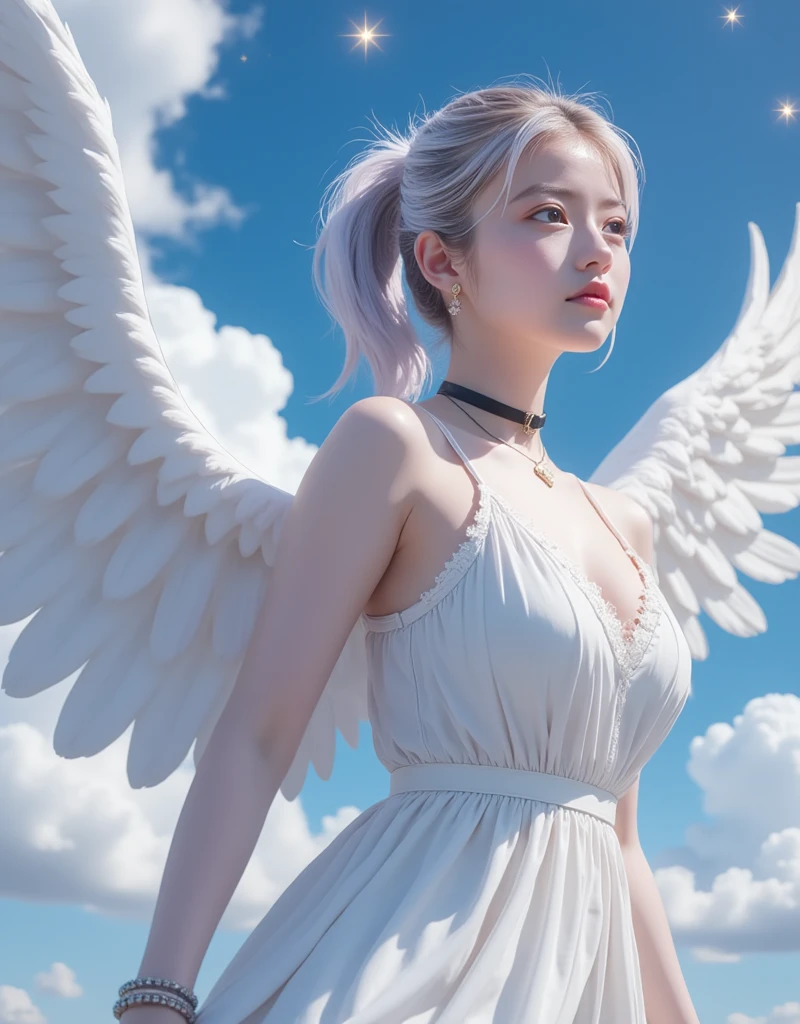 8K, raw photo, realistic, (detailed skin, best quality:1.2), (Angel Wings), ((white camisole dress)), (((:1.1))), (silver long hair:1.3, Short bangs), teenage girl flying high in the sky, (baby face:1.1, Neat face, whiter skin), thighs, Translucent white fabric covers the body.., blue sky, full body shot, (low angle shot:1.2)