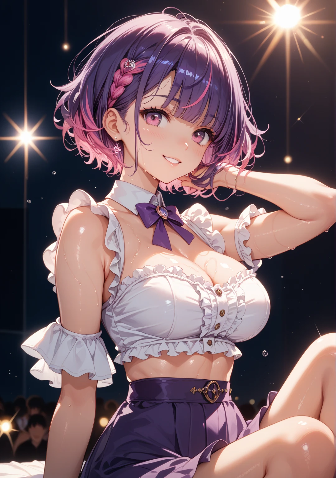masterpiece, best quality, highres, 1girl, gradient hair, jewelry, earrings, piercing, glossy lips, lips parted, blush, iidol dress, miniskirt, flared skirt, thigh highs, cleavage, kitagawa marin, aichan, looking at viewer, short curly hair, twintails, sexy, sexy pose, horny mood,
