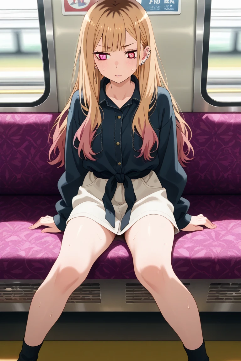 pov, long hair, bangs, skinny, sitting, inside a train, sideview, blushing, dick flash, penis, foreskin, crossed legs, looking at viewer