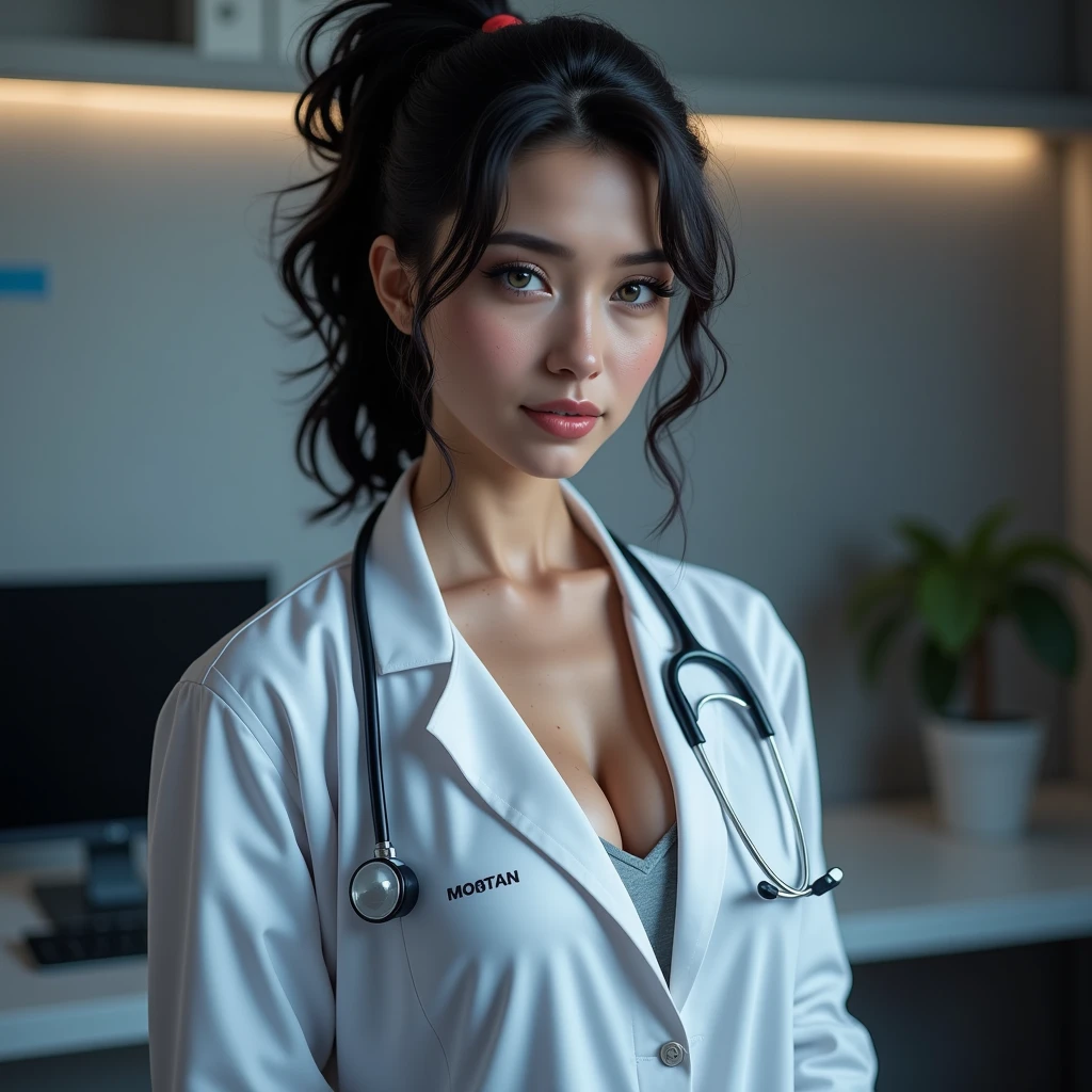 Realistic beautiful doctor、Stunning beauty、Doctor's white coat, Collared shirt、(Top quality、8K、32K、masterpiece、nffsw:1.3)、Ultra-high resolution,(Photorealistic:1.4),Original Photography, Delicate face,,Crimson curls, ((Doctor style)), , Black tight skirt、 Natural Makeup,, Full breasts、Inside the hospital, Detailed background, Perfect lighting, Depth of Field, Beautiful shadow gradient,Stethoscope ,
