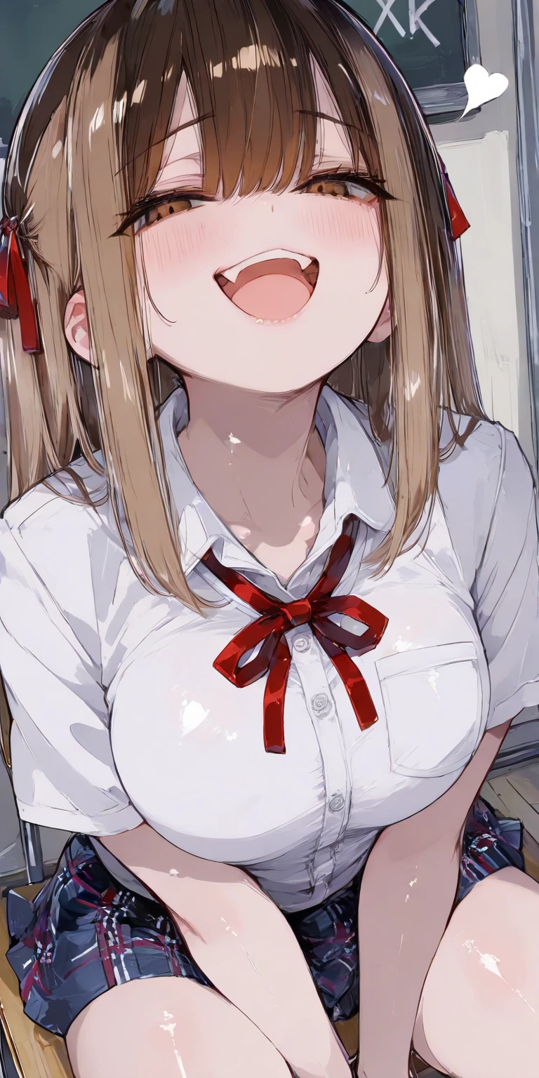 anime, (masterpiece), (Highest quality), (Very detailed), (best shape), (Best Shadow), (absurdes), (Detailed Background), (so beautiful), Shiny, Beautiful eyes in every detail, Extraordinary, Countershading, Detailed soft lighting, an exquisite animation shape, 8k, 32K, High resolution, unity 8k wallpaper, shape, anime style, Perfect lighting, Extremely detailed CG, Sakuragi Hand, blush, Embarrassing, A kind smile, (nsfw:1.4), Accidental exposure, bedroom, Open your mouth, (Embarrassing:1.1), (blush:1.2), (shout:1.1), (Move a row:1.1), Sweat, Heavy breathing, ((Motion Lines)), school uniform, collared shirt, red plaid pleated skirt, red bow, classroom, nsfw, nipples, breasts out, (cloth pieces:1.1), (torn clothes:1.5), , (lickingoral:1.2), (licking penis:1.2), (1 boy:1.2), (cum:1.3) , Perfect body, Bedroom, White bed