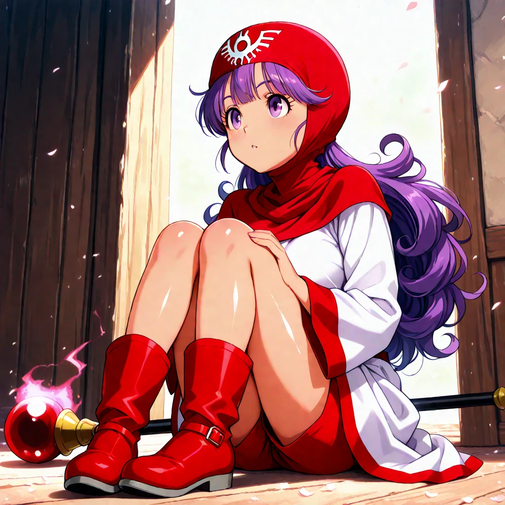 score_9, score_8_up, score_7_up, source_anime,
princessofmoonbrook, <lora:princess-of-moon-brook-ponyxl-lora-nochekaiser:1>,
princess of moonbrook, purple eyes, purple hair, long hair,
boots, bridal gauntlets, dress, hood, hood up, long sleeves, red footwear, white dress, wide sleeves,
indoors, bed, bed room, on side,
looking at viewer, dutch angle, cowboy shot,
