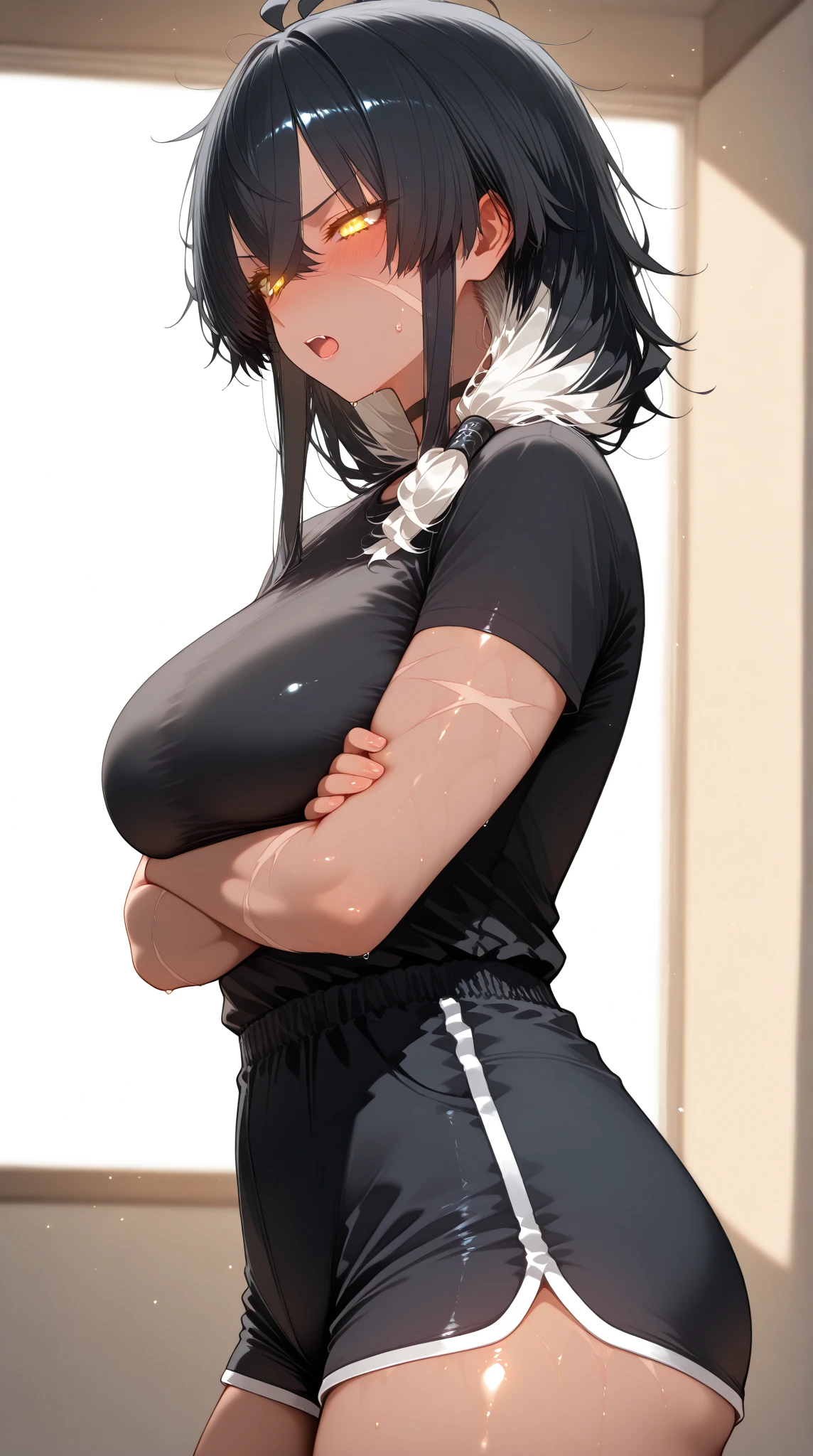 (Sweat, White skin:1.5、Light gray sports bra, Black stained clothing:1.5), cameltoe, Brand logo on the bra, Fitness, Bodybuilding Poses, ((ブラにSweat染み:1.5, Sweatで濡れている, Sweat染み, black sblot on グレースポーツブラ:1.5)),Big Breasts, Sturdy body