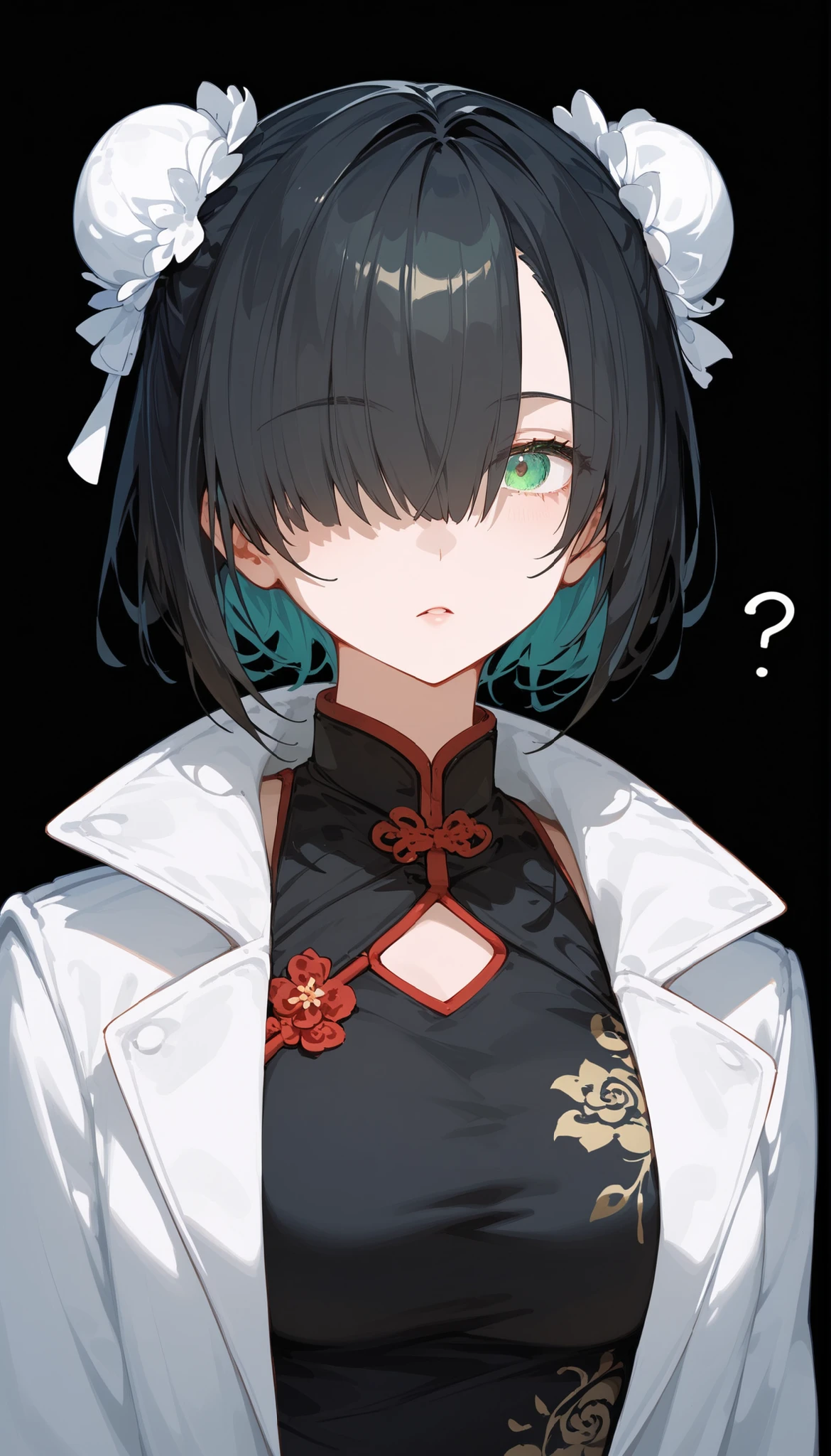 girl,short hair,White Coat,cute,,in green eyes,,in blue eyes,Light Tea,,eyelash,heterochromia,ผมสีดำ,Emotionless,black background,milf,I have a bun., black hair,in the empty eye,Chinese dress,beautiful,Hair over one eye,Confused,Tai Flower Coat,