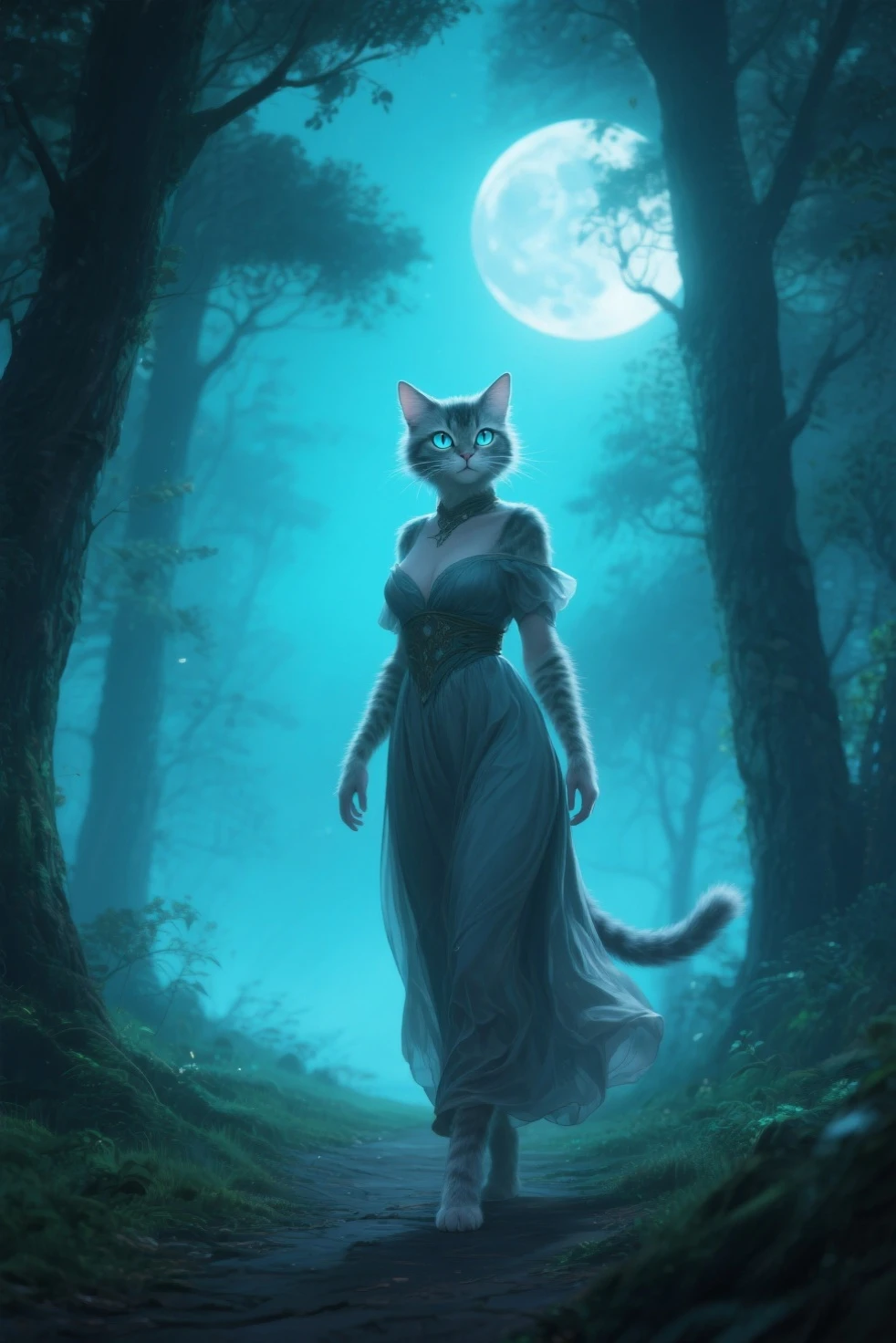 A Magical Woman, in a magical setting with a cat with turquoise glowing eyes