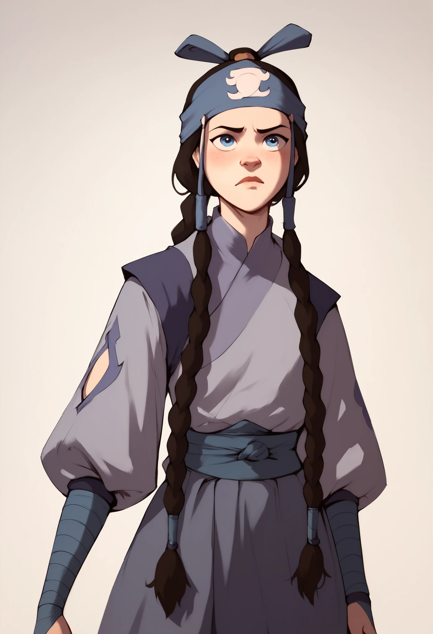 A girl, from avatar the last Airbender (2d), very long braided hair, bandanna , purple clothes, blue eyes