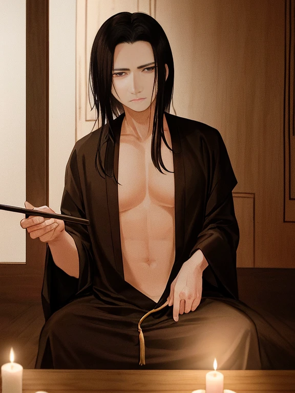 An attractive and sexy man, a harsh face and pale skin with traces of scars and black spots with his wild eyes that are ruby red with long shiny black hair ....