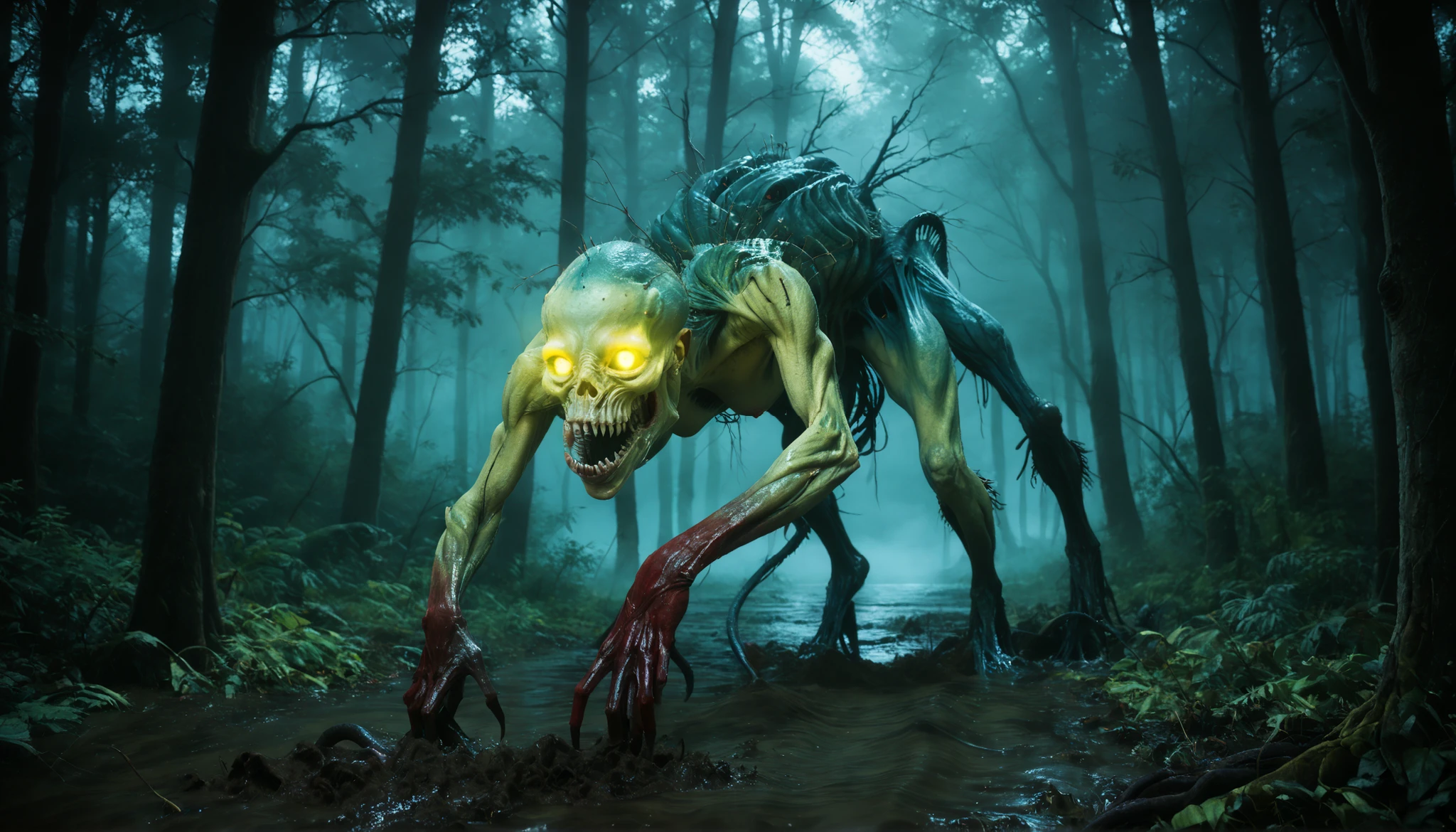 "High-resolution detailed illustration of a young, innocent-looking blonde girl with blue eyes running away in fear from a terrifying monster in a dark, misty forest. The girl has fallen into the mud, her clothes and skin partially dirtied, her expression filled with panic and desperation. Behind her, a monstrous creature with sharp teeth, glowing eyes, and a long, powerful tail drags its tail across the forest floor as it chases her. The forest is dense and shadowy, with fog creeping between twisted trees, creating a dramatic and suspenseful atmosphere. Dynamic action scene, cinematic lighting, high detail, fantasy style."