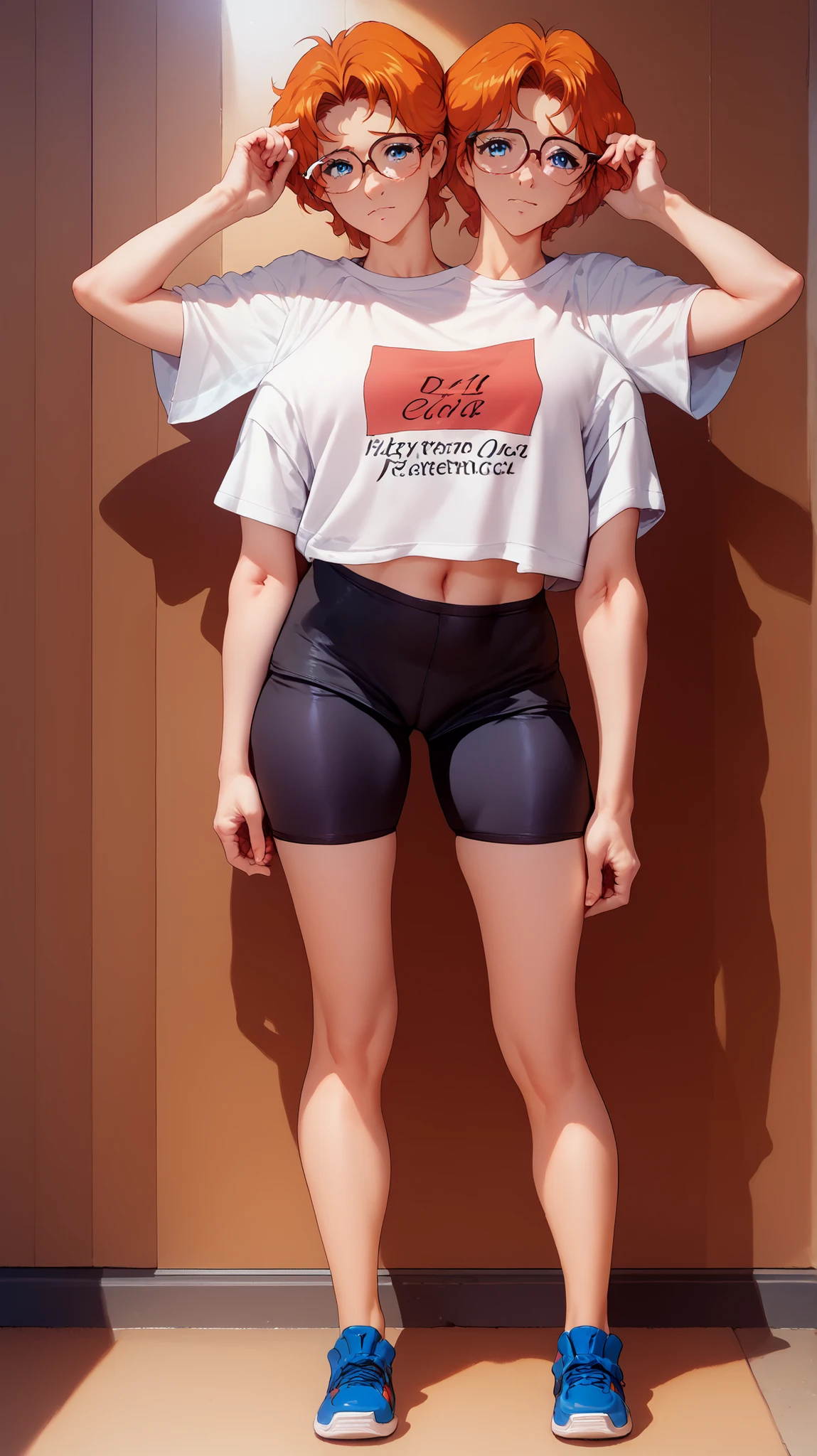 A girl with long hair is standing alone in the city outdoors. She has parted lips and is wearing a crop top and sports shorts, which accentuate her thin hips and thighs. Her eyes are extremely detailed and beautiful. The focus is on her expressive, outstretched arms, as if she is reaching out to the viewer. The image should be hyper-realistic, with ultra-detailed features and a photorealistic quality. The lighting should be natural, with vibrant colors that bring the scene to life. The overall feel of the image should be modern and dynamic, capturing the energy of the city.