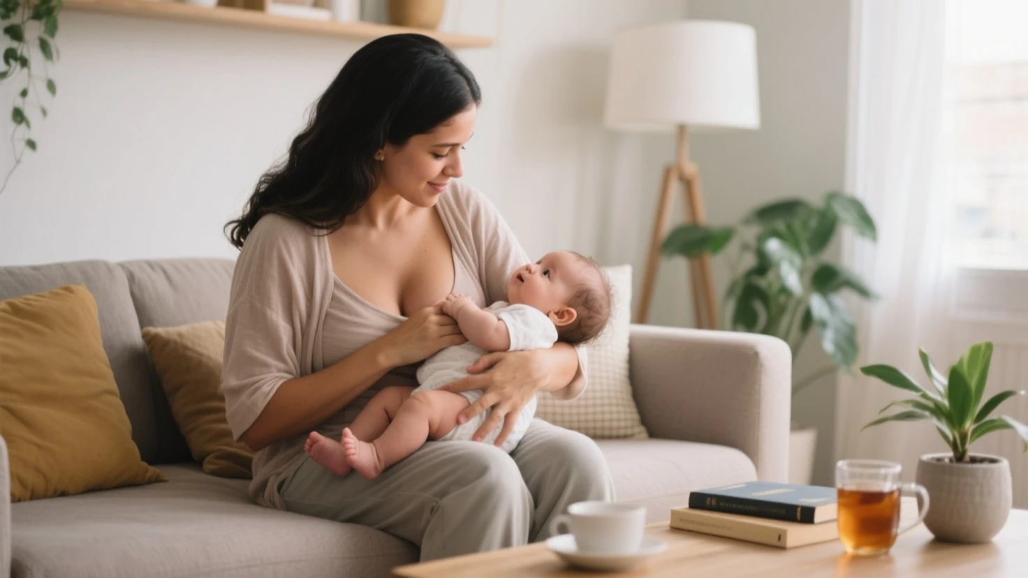 Indian modern mom breastfeeding her girl and mom is in underwear