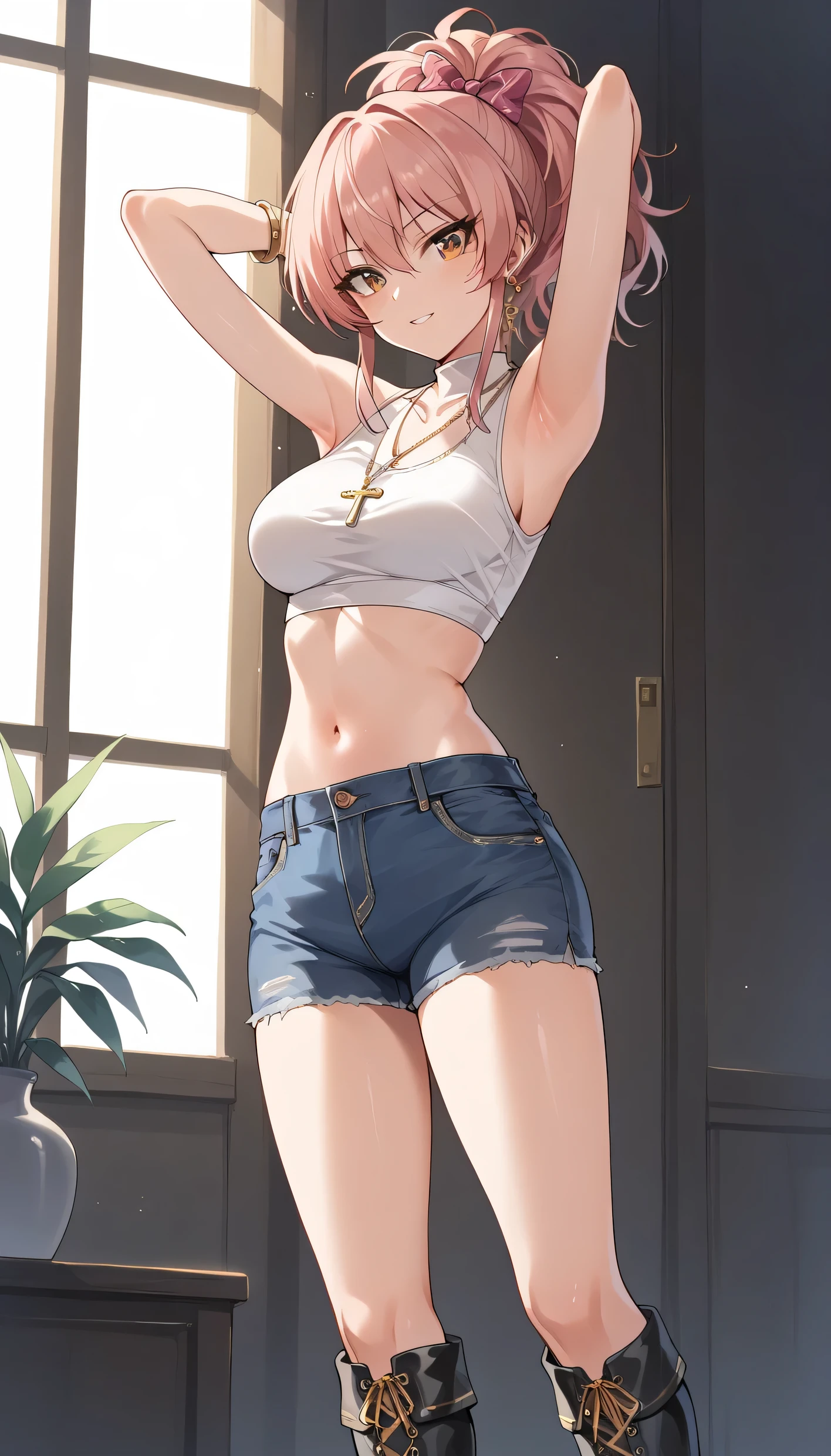 ((masterpiece,best quality)), absurdres, Misty_Pokemon, yellow crop top, suspenders, side ponytail, orange hair, denim shorts, solo, smiling, looking at viewer, showing armpits and pussy half naked.