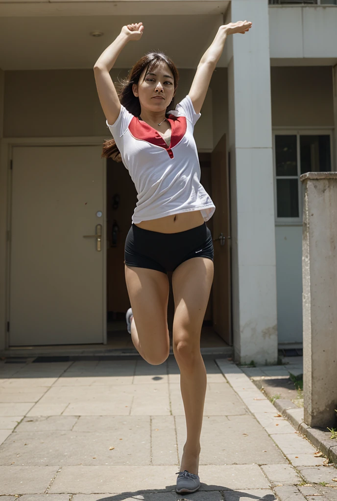(Medium_shot:1.2), Best Quality, (8K, Raw photo, high angle full body shot,longshot,masutepiece:1.2), (Realistic, Photorealsitic:1.4), Realistic brightness,Natural face,natural shadows,(1girl in),High Leg Bloomer Gym Clothes,Straight hair,Fatigue,((thighs thighs thighs thighs,small ass)),(Slender body,Brown skin),Run up the long stairs outside, Waving your arms wobbly、Sweaty body