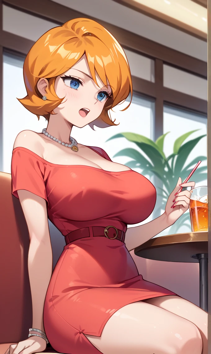 masterpiece, best quality, highres, ((serena)) \(pokemon\), short hair, blue eyes, 1girl, solo, smile, hand on hip, hand holding chest, indoors, wide hips, ((gigantic cleavage))