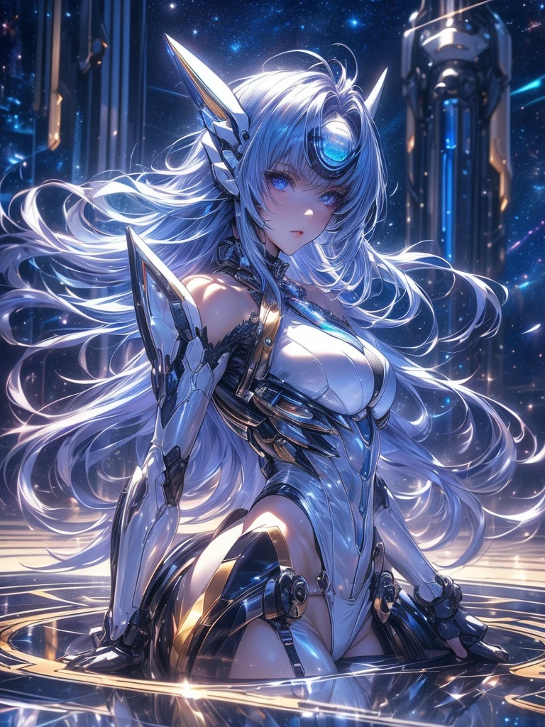 top-quality、​masterpiece、超A high resolution、(Photorealsitic:1.4)、Raw photo、Battle Cyborg Angel、large wings made of metal、White porcelain body、Acrylic Clear Cover、white  hair、glowy skin、1 Cyborg Girl、((super realistic details))、portlate、globalillumination、Shadow、octan render、8K、ultrasharp、character edge light,Colossal tits、Raw skin is exposed in cleavage、Details of complex ornaments、More about Rome、Hydraulic cylinder、Small LED lamp、highly intricate detail、Realistic light、a purple eye、radiant eyes、Facing the camera、neon details、cowboy  shot、Futuristic headgear、About Cyberpunk、、