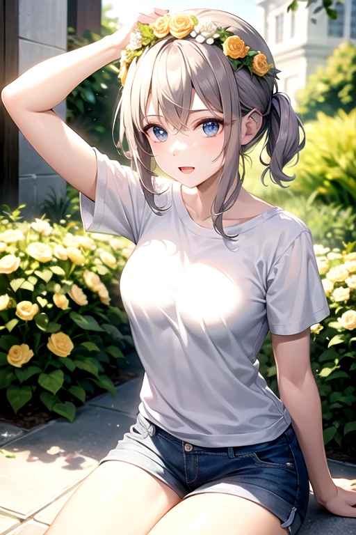 beautiful girl, long grey hair, tying her hair into ponytail, beautiful face,smiling,close up to hips, beautiful breast, warming up for jogging on field, illustration,detailed textures(realists),ultra-detailed,portrait style,vivid colors,soft lighting, blushing, mature, hair fluttering, evening light , head band, ((half body)), wearing simple workout shirts without bra, perky. ((side profile until hips)), very shy