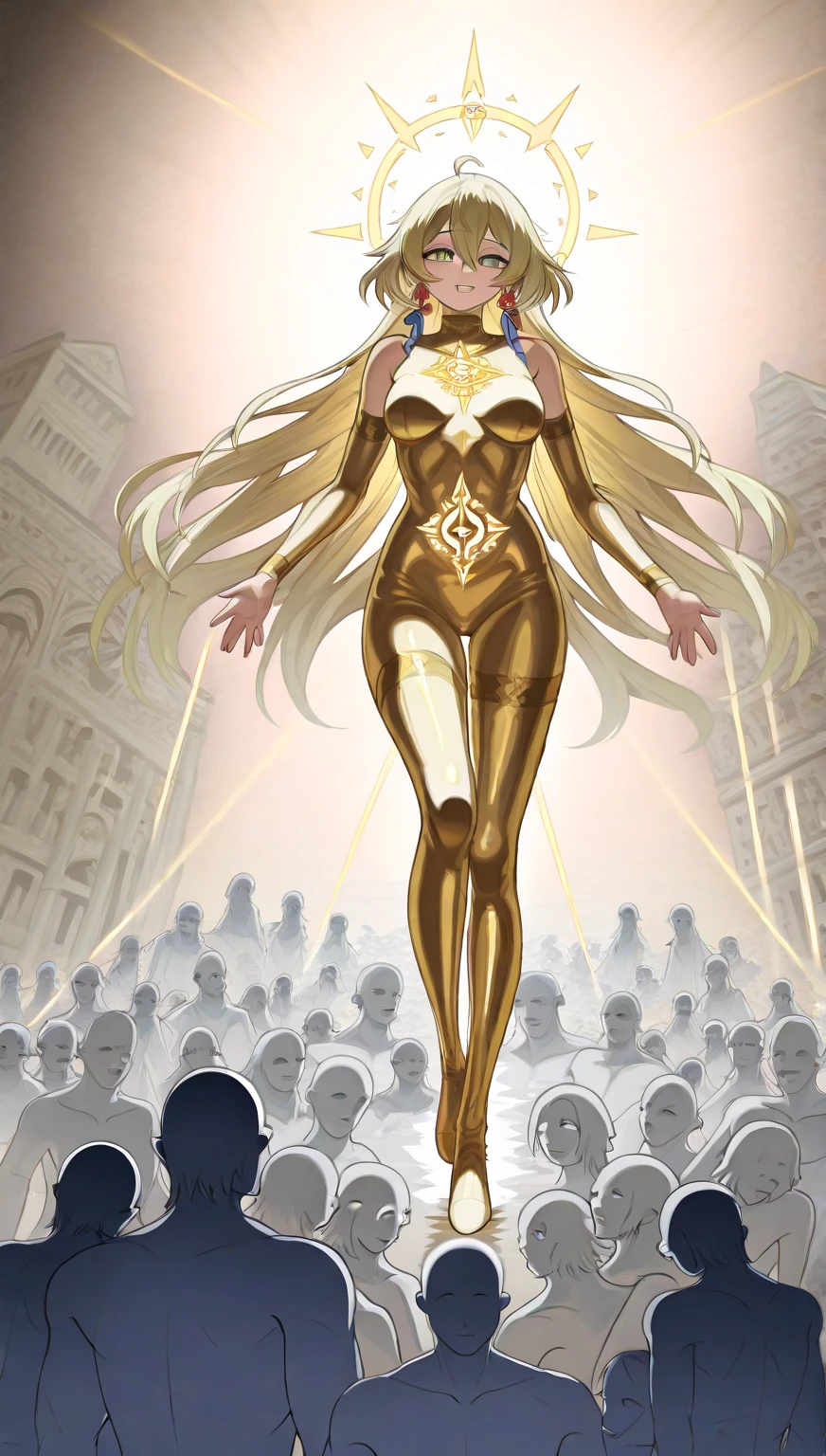 sketch a figure standing confidently with a radiant glow emanating from within, surrounded by a variety of different shapes and patterns representing diversity and uniqueness