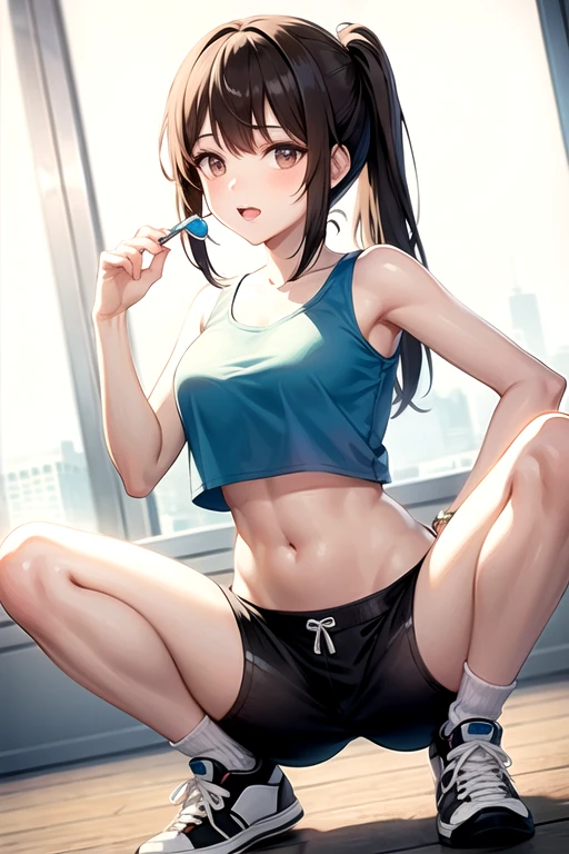 solo, from below, A beautiful brunette girl with shiny green eyes, wearing tight leggings and a zip-up sweater, her sweater is on her arms and unzipped, She is in a detailed gym with equipment in the background, she is wearing shoes, Sweat drips down her body and legs, her hair is longer and in a high ponytail, Her face is more detailed and realistic. She is fully visible, and the image is a masterpiece. she is standing, she is wearing a choker necklace and the image is ultra high detailed, her body is perfect, she has a visible cameltoe and a perfect ass, she also has medium sized breasts and her bra is very tight, 8k resolution with perfect lighting, she has a perfect body, she is not looking at the viewer, (she has sweat on her ass and breasts), she is in the gym alone, ((solo)), absurdres, ((1girl, solo)), ((full body))