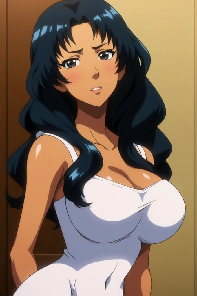 (masutepiece),(Best Quality), Katsuragi Misato, Brown eyes, Cross Necklace, Colossal tits、White see-through lingerie、Sit in a plush chair、Persistent stare, Sharp eyes、Seductive、Spread your legs、Seductive
