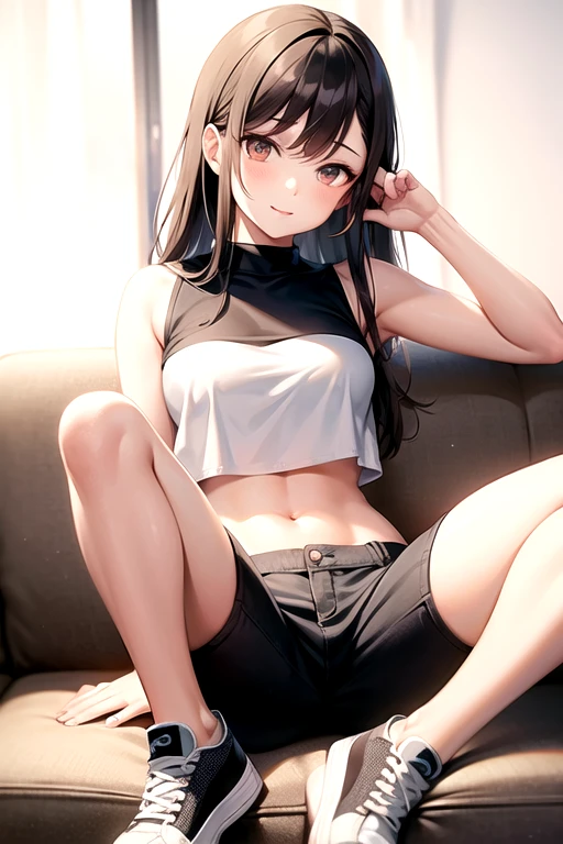 ((Vestimenta oscura)), ((Melena corta)), ((Accesorios llamativos)), ((Maquillaje audaz)), ((Actitud desafiante)), ((agarrando microfono de forma sensual)) ((piel palida)) ((small butt)) ((Labial negro))((wolfcut))((pelo negro))((small breasts))((cuerpo flaco))((pelo oscuro)) ((tomando selfie en espejo)) ((saliva en labios)) ((pelo despeinado)) (( black tank top)) ((thig shorts)) ((guantes de red largos))