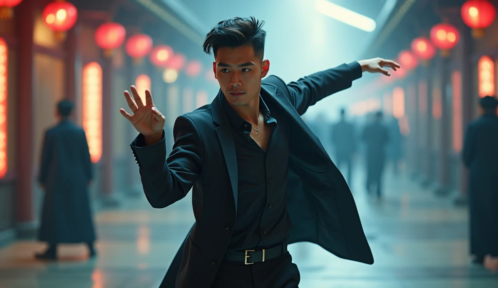 male dancer, asian guy, latinamerican dance, hitting a pose, right hand up, left hand on body, split legs, strong atmosphere,looking down, white latin shirt, black srousers, tapered shaped, whole body,