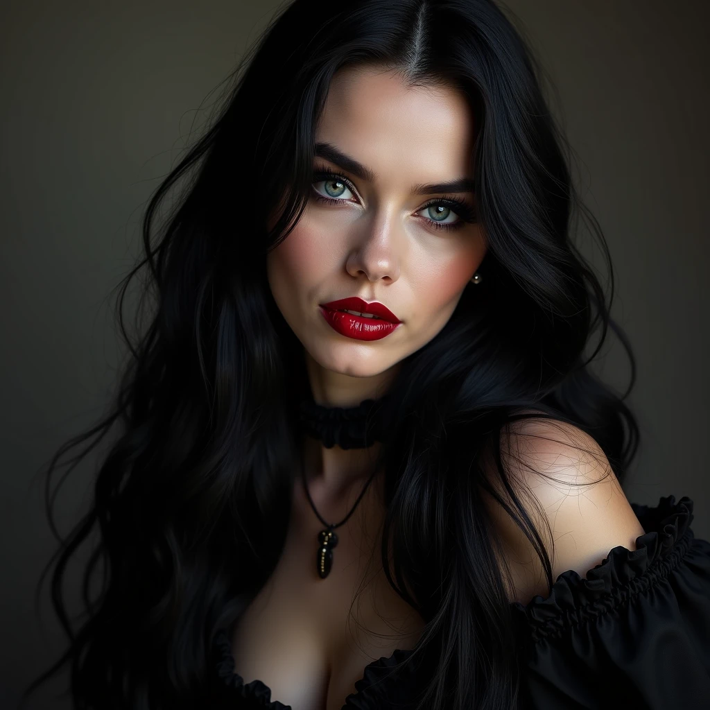 dark lady! beautiful woman in black clothes! {{big boobies}}yellow eyes, Bblack hair, red lipgloss stick!