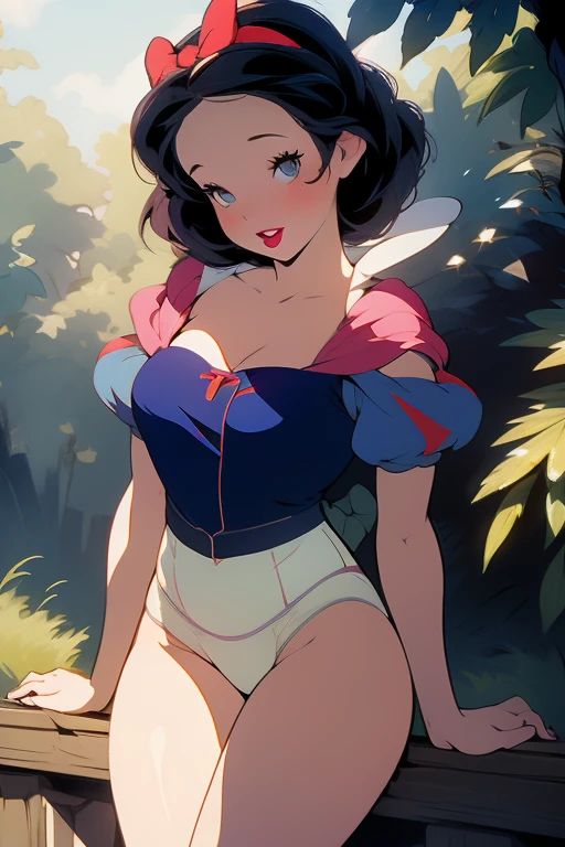 (masterpiece, best quality), beautiful girl, 
snow white, lying, (detailed beautiful eyes) medium body shot, short black hair, red ribbon, big breasts, cleveage, white panties, ultra detailed blue eyes,