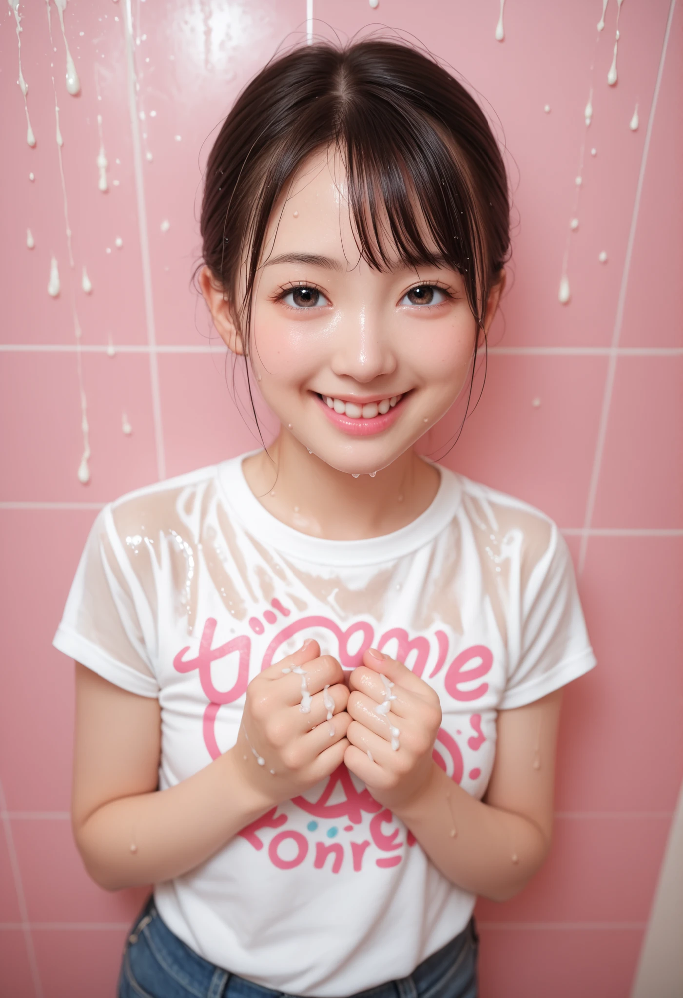 sexy anime lady sister (happy and horny), (((wet))) wear, show off hands for viewer, white lotion on hands, anime, hentai, cartoon, hardcore hentai, erome, cum on wet toy, on wall, in pink room, pastel color style, sprinkle cum from up, sprinkle cum from around, from above, short straight hair, hands close up, hands up to forward, good hands, perfect anatomy hands,