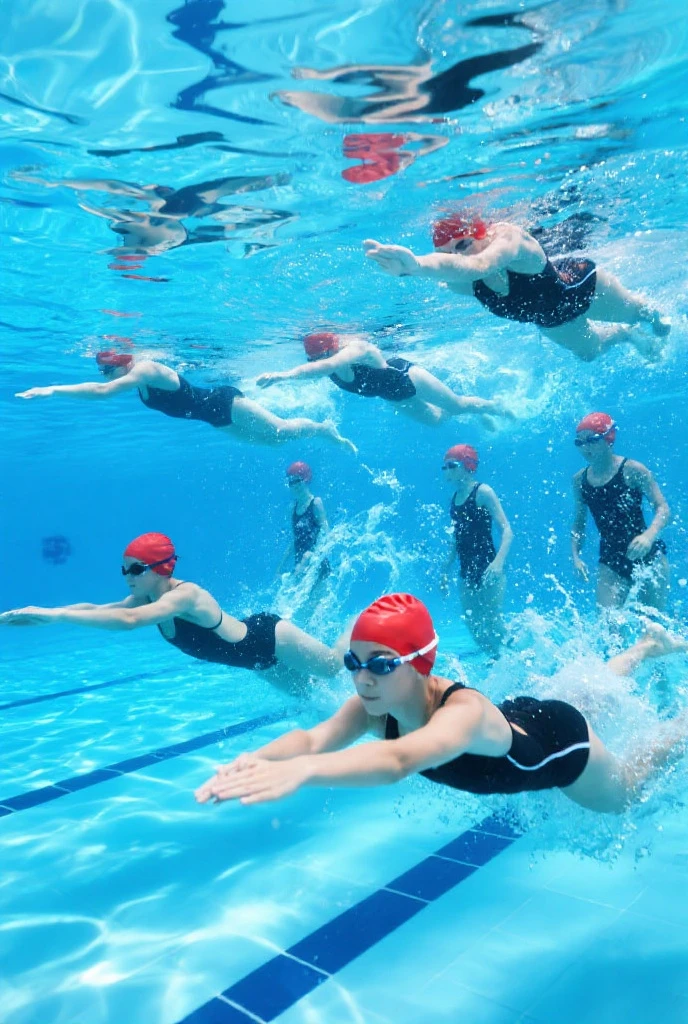 A group of swimmers are racing in a pool, cute women near 20 (athletic), buoy lines separate the swimmers lanes, high action, camera is low to the lead swimmers lane, photograph
