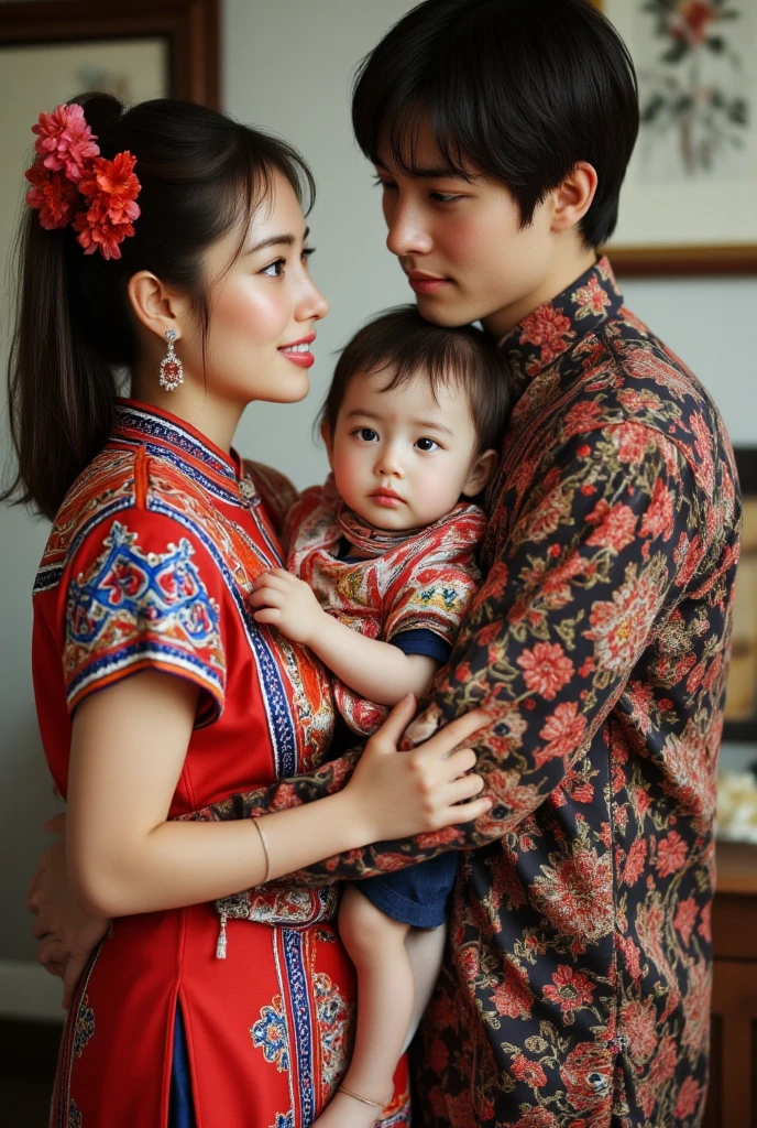 famille arafed assise sur un canapé rouge dans un salon, aodai, dans le style de Lam Manh, Famille heureuse, Hoang Long Ly, écoute-moi en série, Dang My Linh, couteau dans le, couverture, par l'Travaux de'art Hoàng Tuong, Phuoc Quan, Visite de Hoàng, Porter une robe bleue Qipao