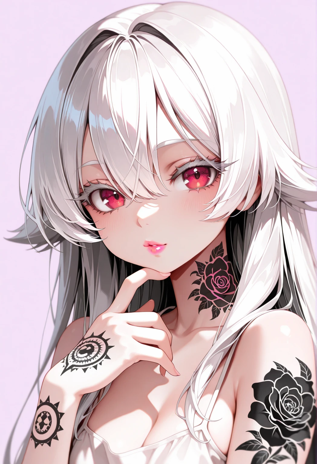 (highest quality:1.2, Very detailed, up to date, Vibrant, Ultra-high resolution, High Contrast, masterpiece:1.2, highest quality, Best aesthetics), Portraiture、girl, (solo), singer、Rock Music、medium wave hair、(red hair and white hair:1.3), ((streaked hair:1.6)), highlights hair: 1.5, red eyes, slim body, medium breast, (tan skin:1.1), shaded face, Bright colors、Beautiful fine details、Beautiful lip detail、Edgy Style、(black Skirt-style-bikini:1.3)、loose fit, standing, hand on chin, (from front:1)、vocal, (Floral Fineline tattoo design on left arm:1), ((Plain white background:1.6)), lineart, (monochrome:1.7), (upper body:1.5), clean line drawings,