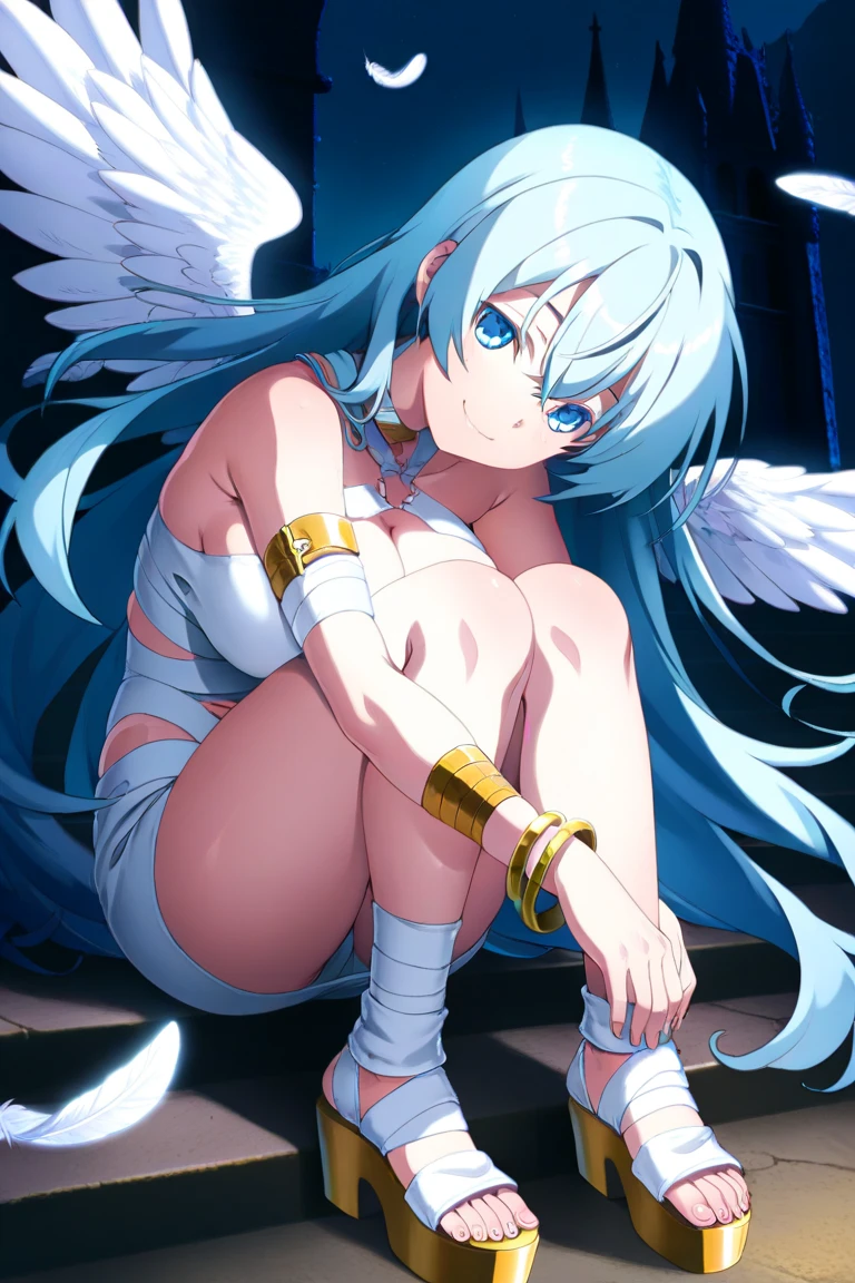 angel girl,((blue hair)),beautiful face,angel with white wings, smiling, fit body, big wet breast,wearing blue angel dress, (open mouth:0.4),illustration,detailed textures,ultra-detailed(realistic),portrait style,vivid colors,soft lighting. blue hair angel girl , small girl, one girl, blue angel dress, face on camera, tight shirt, show large chest, dark isekai, shy girl, pitiful face, face forward to camera, bent pose, asking pose, pink cheeks, half body, body on big chain, smile, blue eyes, no nails, pink blushes, lying on grass, very big breast, cleavage, wet breast, leg_up, lot of iron chains, anime girl leans forward, looking at viewer, slave collar necklace seductive anime girl, 8k octae render photo, cushart krenz key art feminine, 8k high quality detailed art, a sexy maid in a magical forest, anime girl with big breast laying on a bed in a room, anime goddess,