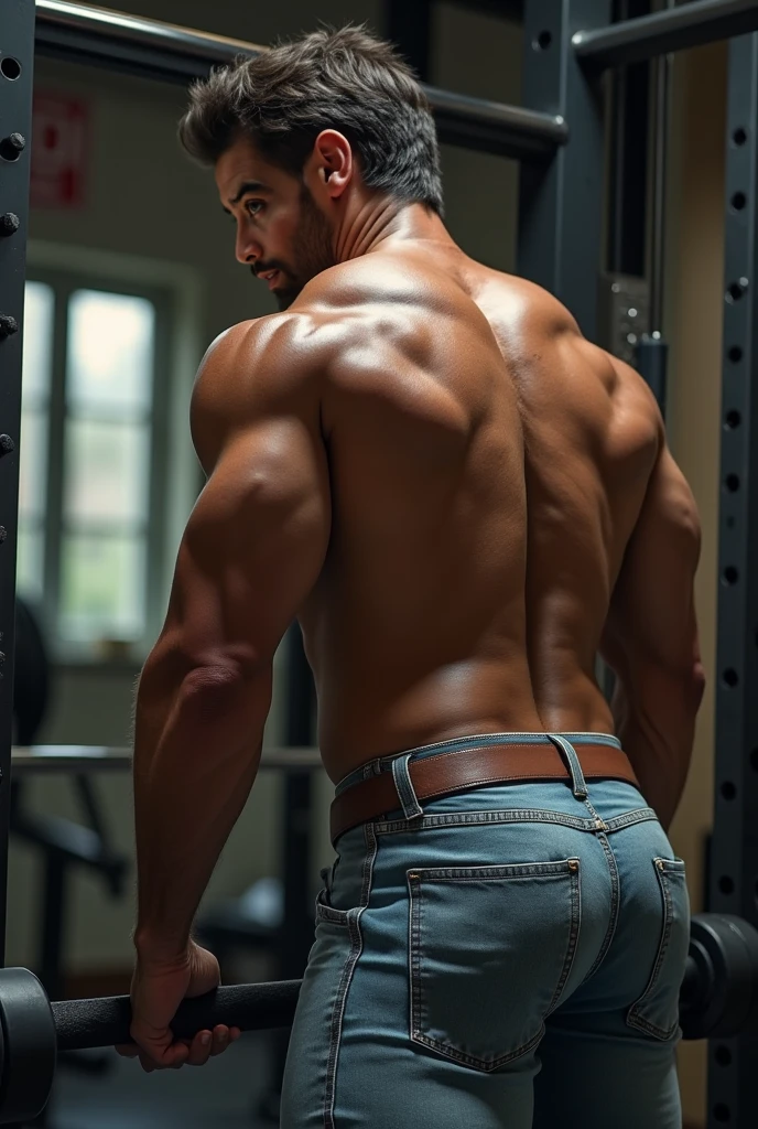 Hombre arafed con barba posando para una foto., fuertes rasgos masculinos, corpo musculoso sexy, tipo de cuerpo musculoso, Athletic Bodybuilding, llevando un traje, pelo negro,traje elegante. Jeans backside