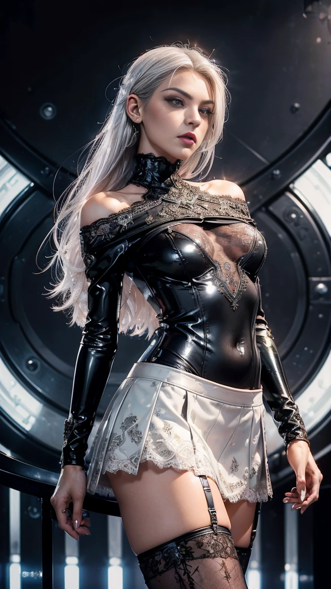 (Sci-fi fantasy), (masterpiece), (Professional Oil Painting) (最high quality), (8K resolution), (1 beautiful girl), ((Pale grey skin)), (Iron grey skin), ((Black and white super high leg leotard))､((Red lipstick)), ((Black sneakers)), (Concept Art), Small box, (Long Hair), (Messy Hair), (Black Hair), (Iron-gray hair), ((With futuristic weapons)), (ammunition), ((Moonlight at night)), (Sit down and think)), masterpiece, 最high quality, high quality, High resolution,