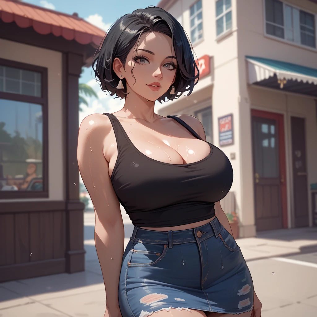 ((Solo)) ((Masterpiece)) ((High Quality)) ((Perfect Face)) ((Beautiful)) ((Round face)) ((Middle aged)) ((Black hair)) ((short Hair)) ((Cute Nose)) ((Green Eyes)) ((Light Skin)) ((Camisole)) ((Tight jeans)) ((Full lips)