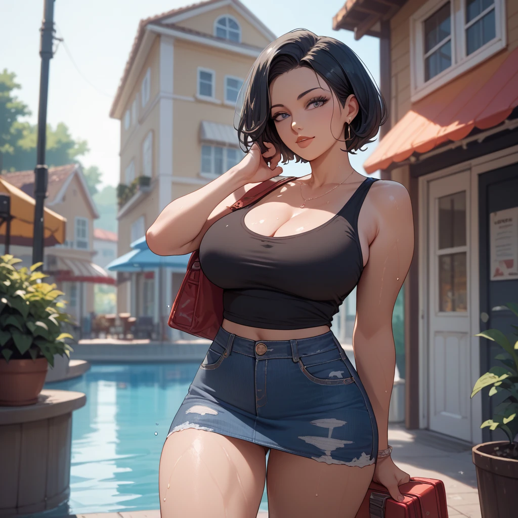 A muscular woman. dark brown curly hair cut short, wearing a green tank top and blue shorts. huge boobs,she is walking 