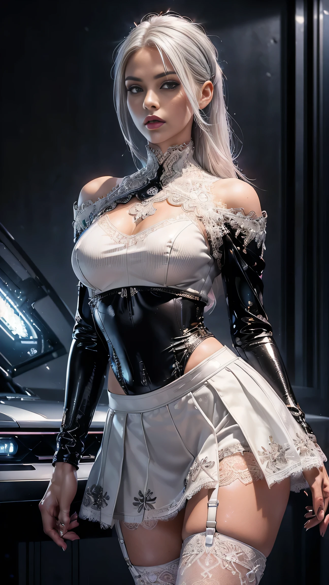 masterpiece, (standing:1.1), dynamic pose, heart shaped face, elegant face, beautiful face, highly detailed face, highly detailed skin, skin pores, subsurface scattering, realistic pupils, looking at viewer, full lips, depth of field, sharp focus, absurdres, realistic proportions, good anatomy, (realistic, hyperrealistic:1.4), 16k hdr, weiss schnee, standing in stadium, long white hair, side ponytail