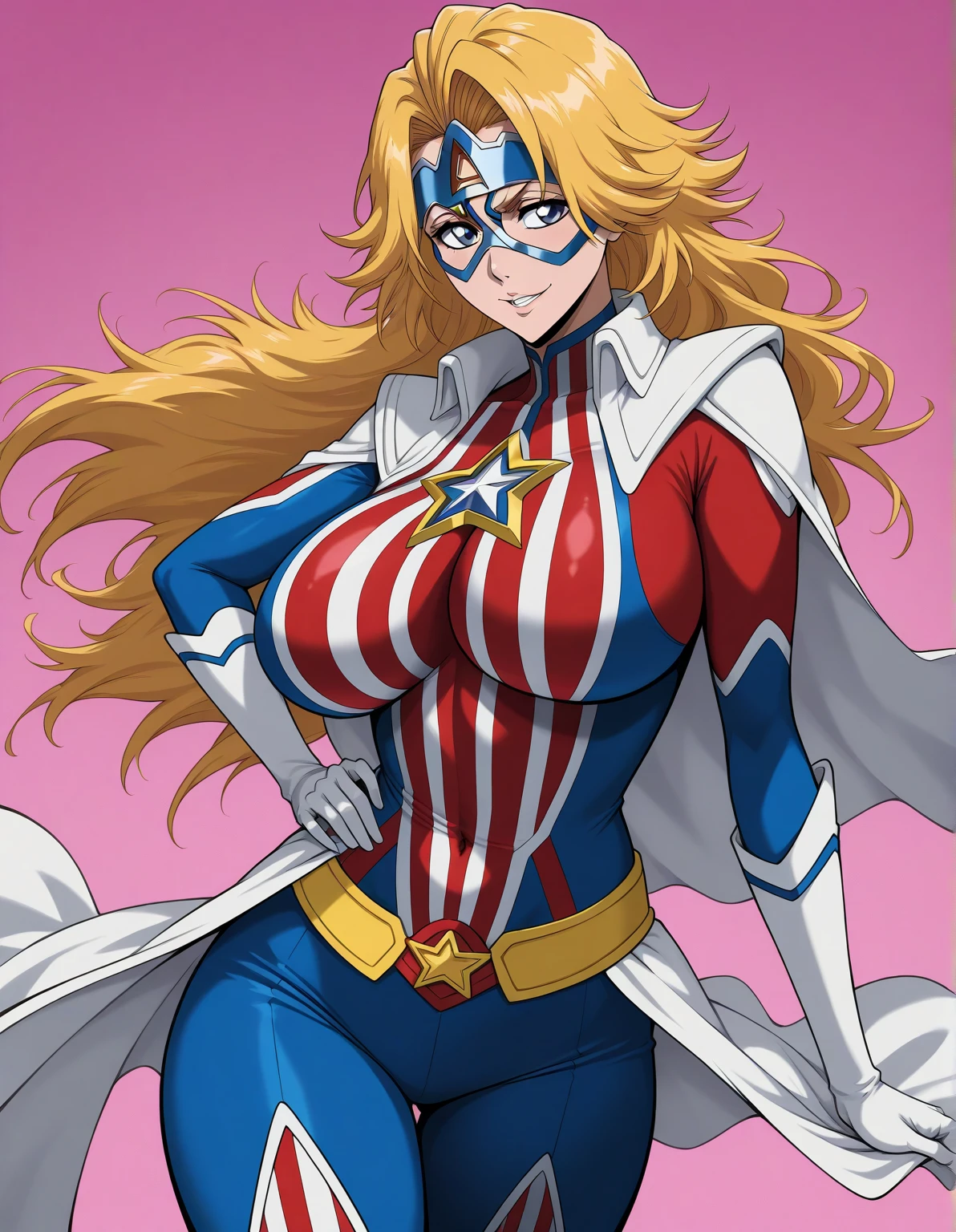 My hero academia, Girl with yellow long messy hair and blue eyes, a smile on her face with a full figure, NSFW