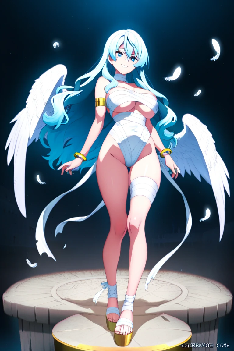 A 20-year-old female angel with long, white hair, yellow eyes, white cat ears, and large white angel wings. yellow halo ring round white glasses A white evening gown that covers the entire leg. A dress that reveals the sides of the hips, a sexy outfit, standing and looking down.
