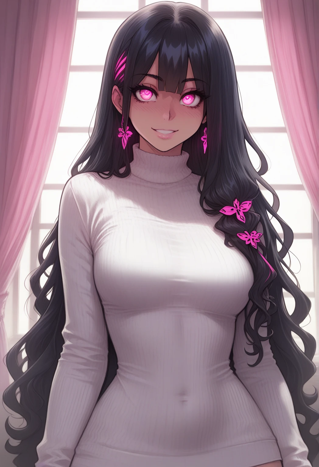 (highest quality:1.2, Very detailed, up to date, Vibrant, Ultra-high resolution, High Contrast, masterpiece:1.2, highest quality, Best aesthetics), Portraiture、girl、((25-years-old:1)), Hourglass line dress, Bright colors、Beautiful fine details、Beautiful lip detail, long hair、black and purple ((streaked hair:1.6)), highlights hair: 1.5, brown eyes, gold earrings, ((slim body:1.4)), (small breast:0.7), (dark skin:0.5)), standing, Front facing, (No background:1.4), ((Plain white background:1.3)), (cowboy shot:1.5), look at viewer