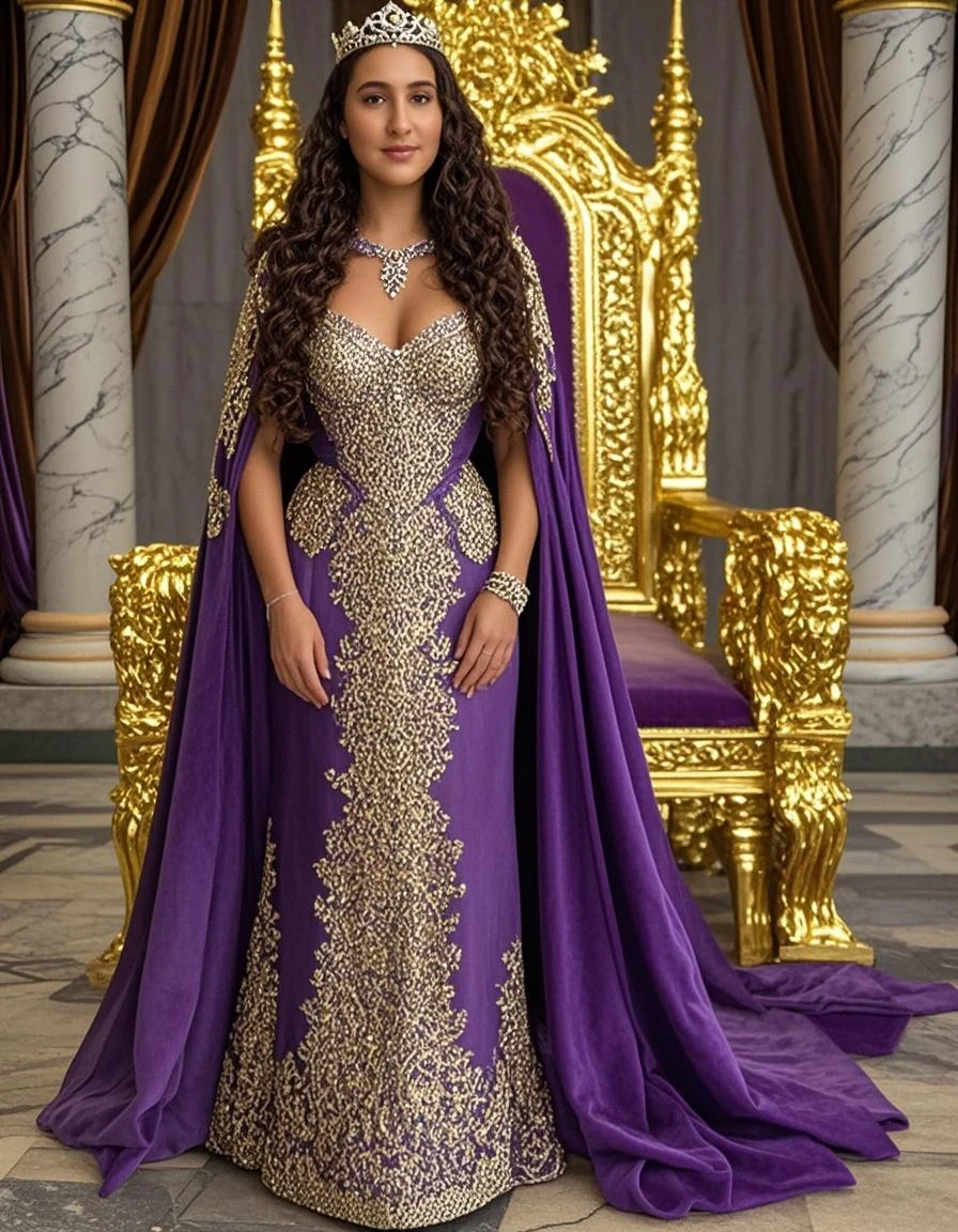 (medium full shot) of (charming arabian princess) young woman, slender build, black hair, straight hair, brown eyes, tan skin, wearing a jeweled veil , deep purple designer gown with chic patterns and flowing train, velvet slippers with pointed toe, smoky eyeshadow, silver anklet statement earrings, set in  sultan palace, Treasury, gleaming piles of gold coins, ornate chests filled with jewels, heavy iron door, stone floors, walls adorned with precious artifacts , at sunset, woman smiling, detailed face, ,Masterpiece,best quality, photo, realistic, very aesthetic,