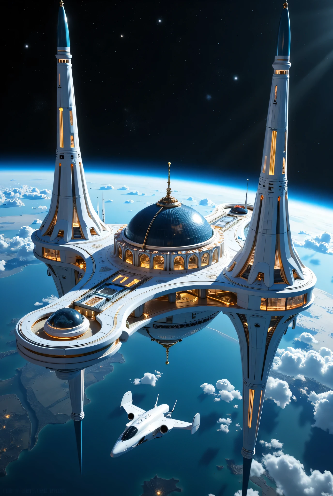 "Al-Noor: Space Station Bringing the City and With domes and minarets inspired by mosque architecture and equipped with large and long antenna antennas along with Ai technology and visible earth from the outside which is blue and specks of stars in the dark space make it as realistic as possible and SeHD 8k and 2 Rocket Planes Landed on that Station.
