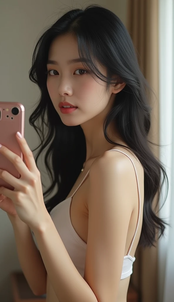 there is a woman taking a selfie in the mirror, 21 years, 22 years, 18 years, 27 years old, 23 years, 2 4 year old female model, 28 years old, 29 years, korean, 16 years, 24 years old, thin girl photo, 1 8 son