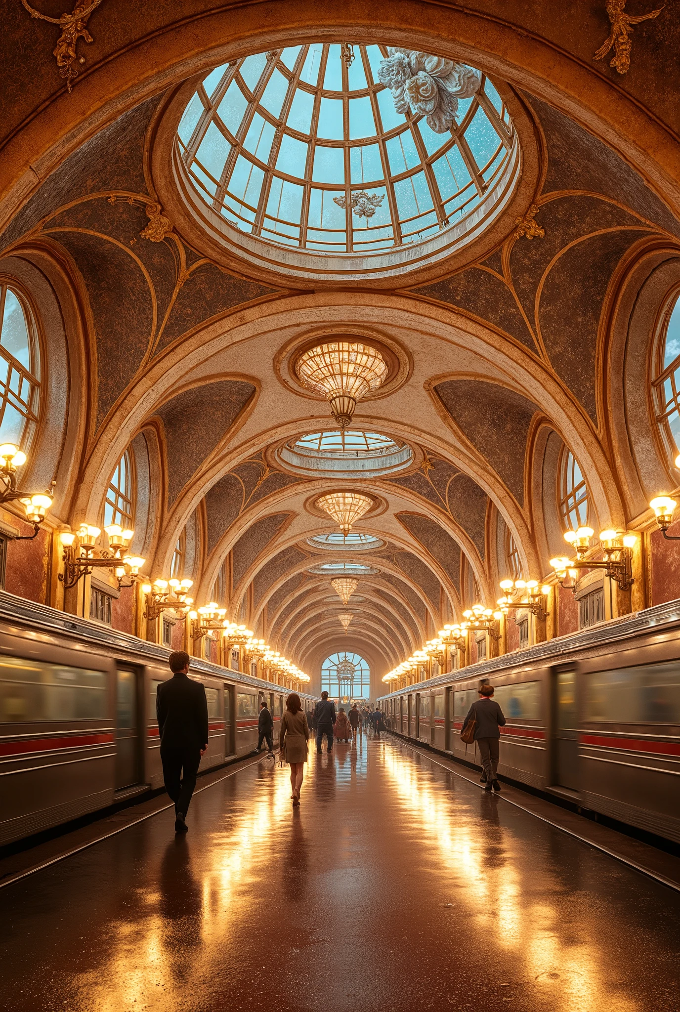 Imagine a breathtaking hyper-realistic vision of Moscow Metro – not just a transit system, but a glittering underground palace where light dances across gold mosaics, marble arches stretch into infinity, and crystal chandeliers illuminate vaulted ceilings like celestial constellations. Capture the perfect moment: a lone violinist playing beneath the ornate dome of Mayakovskaya station, his melody echoing through the corridor as commuters pause in awe, their reflections shimmering in polished red granite, while a speeding train blurs into streaks of light against curved socialist-realist murals – all rendered in cinematic 8K detail with perfect symmetry, rich textures, and a color palette of imperial gold, deep ruby and Arctic white, evoking both Soviet grandeur and futuristic elegance.