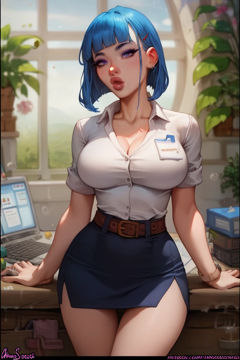 girl, old age, blue hair, long skirt visual novel character, teacher, fat
