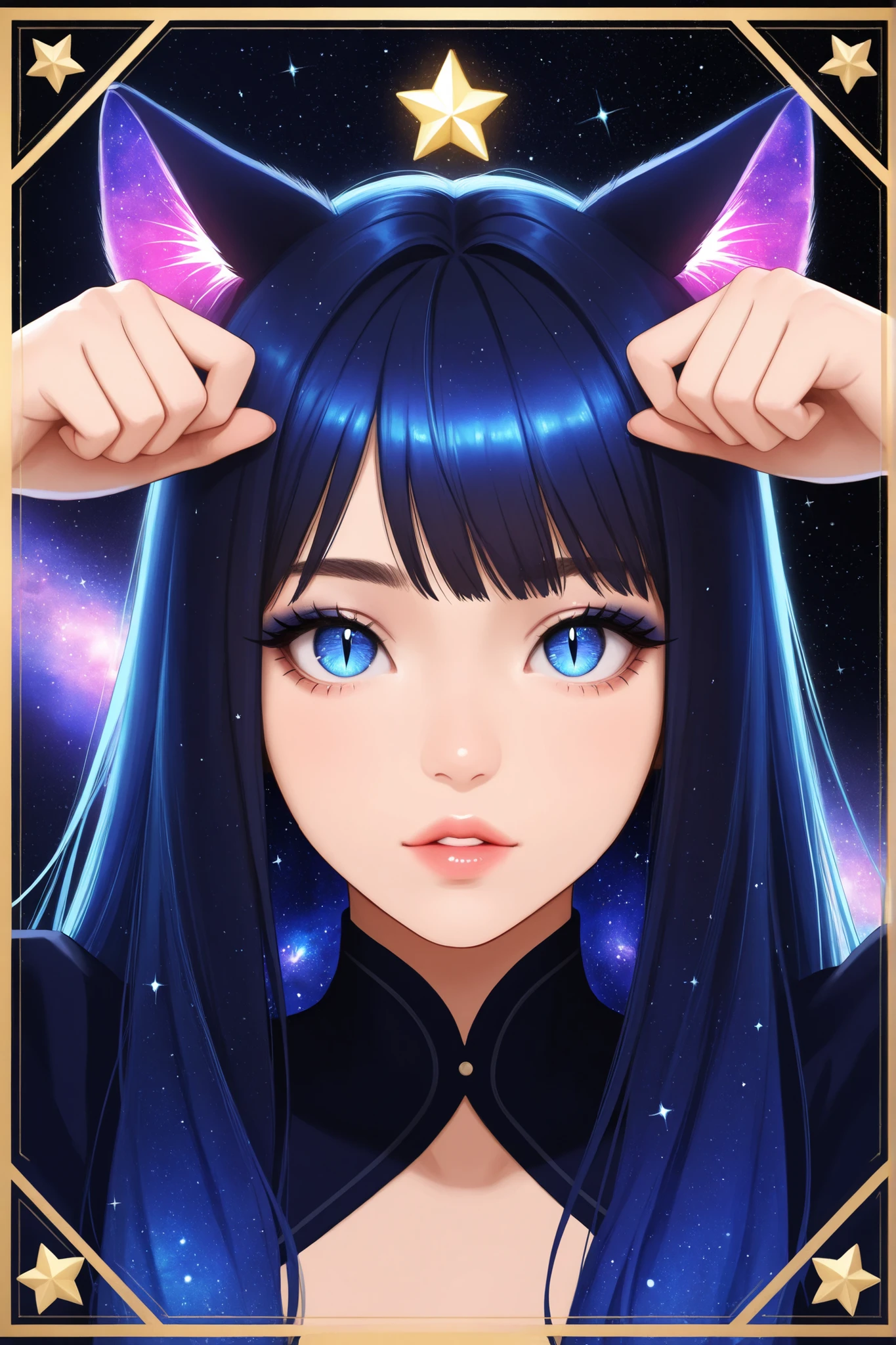 1girl, cosmic,sparkle, solo, animal_ears,close_up,cosmic,stardust_body ultralong_hair, star_(symbol),female_cancer_zodiac_cat,cancer_zodiac_cat,beautiful_cosmic_ultra_long_lashes_eyes, blue_eyes, looking_at_viewer, cat_ears, multicolor_hair, bangs, slit_pupils, lips, parted_lips, star_(sky), shiny, ultralong eyelashes, makeup, upper_body,cute_pose, starry_sky black_background, glow_butterflies_cosmic_border