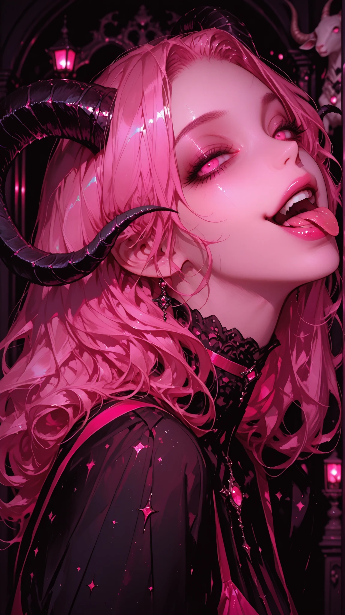 (black theme, pink theme, white Sperma theme:1.2), (chiaroscuro:1.2),
1girl, (by noland:1.2), painting \(medium\), cinematic shot, safe,
newest, very awa, highres, detailed, hyper-detailed, year 2024, year 2023,
tall female, narrow waist, Succubus girl, (goat horns, black horns:1.2), solo, red sundress, indoors, looking at viewer, head tilt, smug, half-closed eyes, yandere, horizontal pupils, portrait, profile, (Lick your lips with your tongue:1.2),
devil statue on background, blurry background, depth of field,ソロ,
