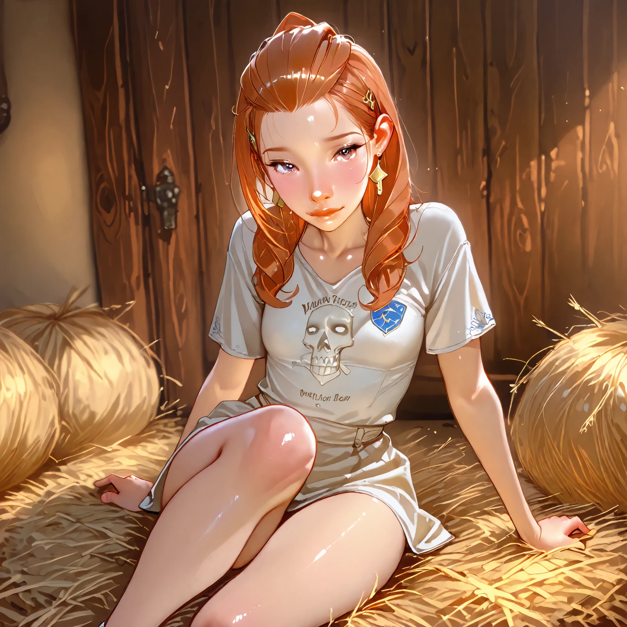 (1girl), (solo) Create a beautiful young woman who is sitting on a bale of hay in the countryside, White Caucasian type , vue le corps entier de la tête aux pieds, youthful face, Yeux verts, disheveled auburn hair pulled back, Very thin , anorexique, small breasts, jambes nues fuselées, Very thin , sensual and lascivious, position de 3/4 face, open the loop, playful look, vêtue d'un t-shirt décolleté et d'un petit short serré en jean, petites bottines western, Beautiful mature , photography hyper réaliste et détaillée.