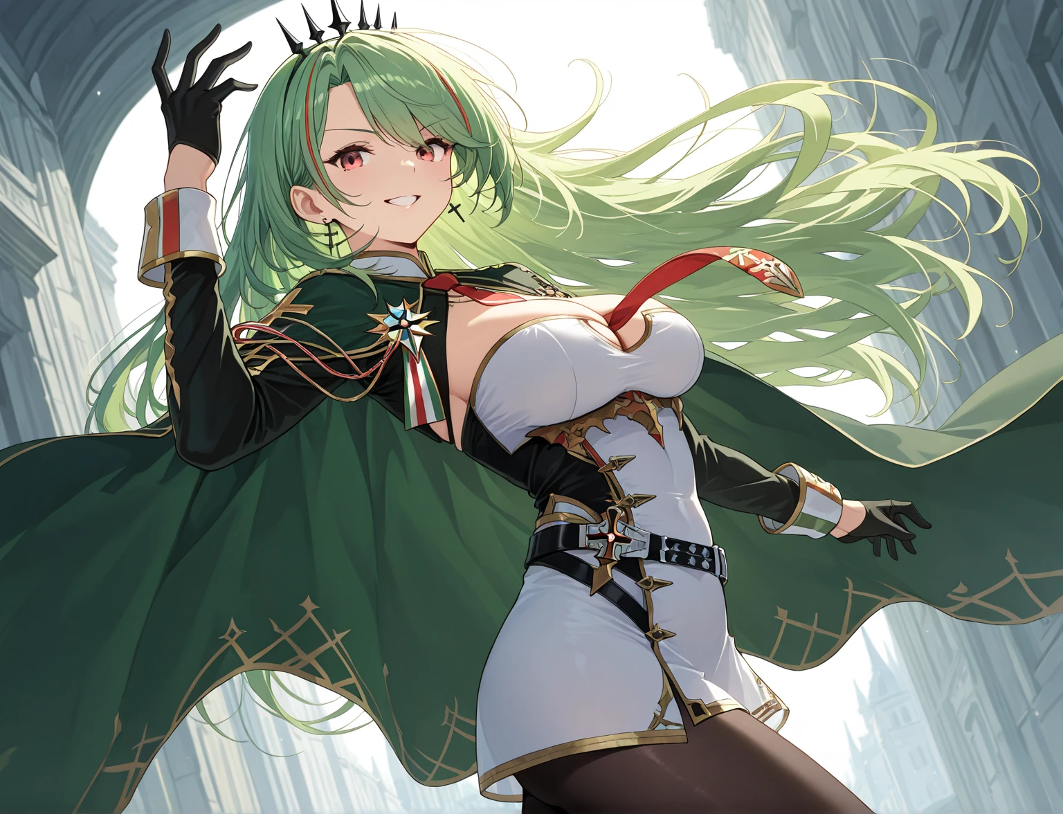 Colossal tits,Adventurer Costume,evil smile,short green hair,hair adornments,Heterochromia,Top image quality,Best Quality