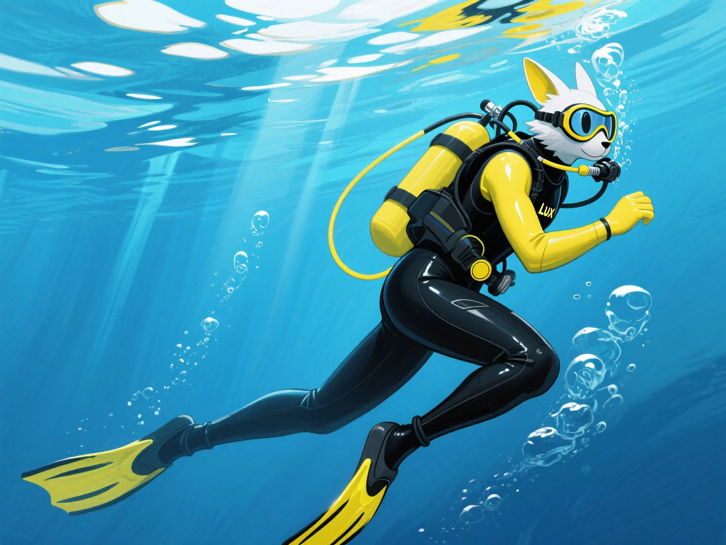 Highest quality, Highest quality, High quality illustrations, masterpiece, Ultra-high resolution, Detailed Background, Beach, Absurd, Perfect Anatomy, performance, Good lighting, Shadows in the movies(kemono, Furry PersonifiCation), Cat, Dark Skin, Rubber suit, Rubber suit, latex, neon, neonライト, neonカラー, Rubber swimsuit, Rubber Hoodie, Rubber mask, male, juvenile, null bulge